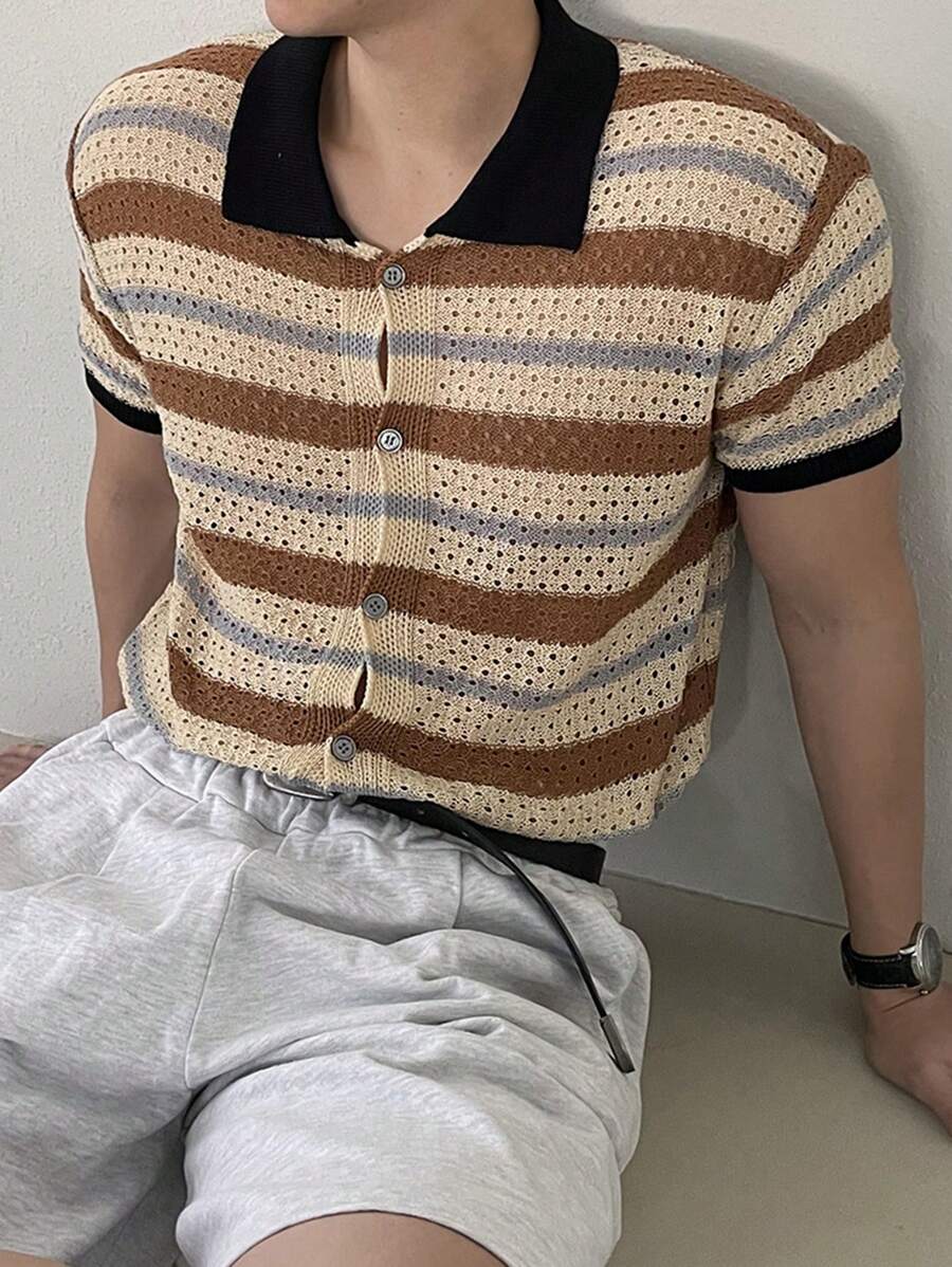 DAZY Men's Solid Color Patchwork Front Button Casual Short Sleeve Top, Daily Wear Summer Business Attire - Multicolor - View 1
