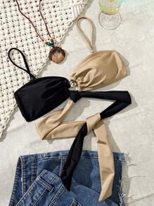 SHEIN Swim 新款系带拼色露背比基尼上衣，性感时尚，适合春假夏季海滩/游泳度假 - 卡其色 - 查看 3