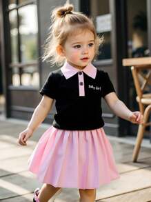 SHEIN Baby Girl Casual Polo Shirt Top And Pleated Skirt Set