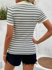 SHEIN LUNE 女士休闲 Polo 条纹短袖 T 恤，适合日常通勤 - 黑與白 - 查看 3
