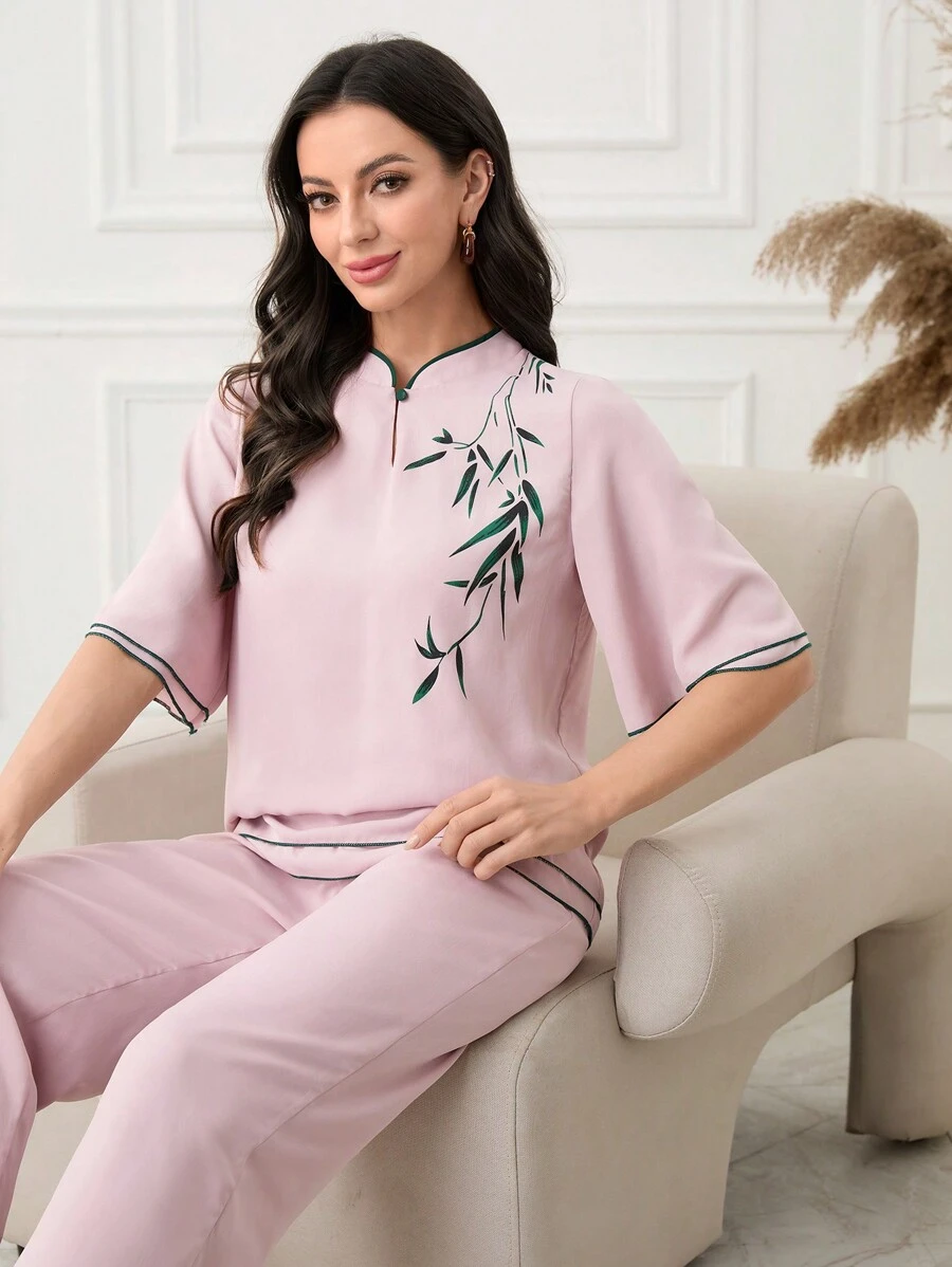 Lacomfia 2 pièces/Set Femmes Top casual imprimé col montant et pantalon long Ensemble