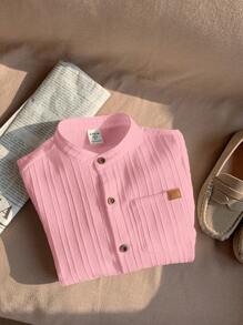 SHEIN LMoss Kids LMoss 1pc Young Boys Casual College Style Comfortable Linen Stand Collar Pocket Decor All-Match Versatile Shirt - Dusty Pink - View 6