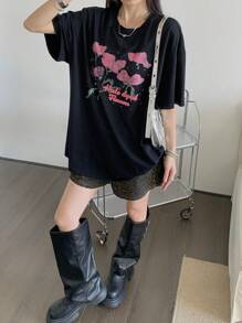 DAZY Women Floral Contrast Color Print Round Neck Short Sleeve T-Shirt Summer Cute Tops Oversized T-Shirt,Graphic Tees - Black - View 4