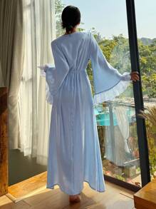 DAZY 女士蕾丝拼接轻盈丝质插肩袖睡袍，配有系带腰带睡衣