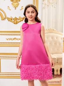 Vestido de fiesta elegante para niña preadolescente con lazo en el cuello y flecos en el bajo