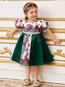 SHEIN Baby Girl Colorblock Floral Print Puff Sleeve Dress - Green - View 4