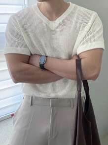 DAZY Men's V-Neck White Ribbed Knit Sweater, Summer - White - View 10