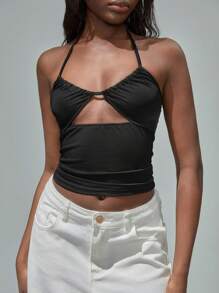 TRNVIE 时尚性感镂空挂脖黑色背心，度假装。节日装 - 黑色 - 查看 4