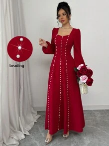 Modelyn 女士优雅珍珠缀饰方领纹理编织连衣裙，春夏