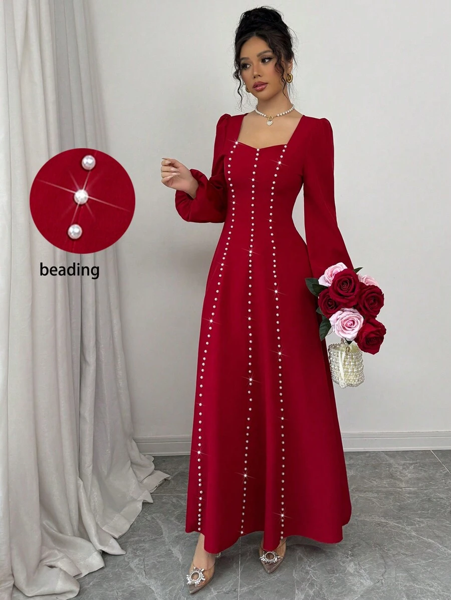 Modelyn 女士优雅珍珠缀饰方领纹理编织连衣裙，春夏