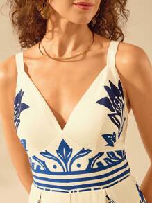 CAJUNI Women's Vintage Vacation Casual Boho Blue Floral Print Strap Wide Leg Jumpsuit
