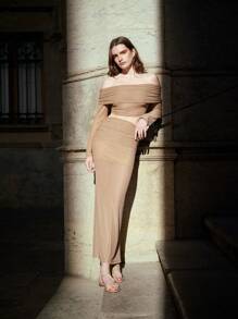 Maija Spring And Summer New Style Khaki Glitter Knitted One-Shoulder Top Waisted Sexy Skirt Women's Two-Piece Set Urban Modern Elegant Sleeveless Daily Casual Commuting Suitable For Going Out On Holiday, Holiday Party, Wedding Date Wear - Brown - View 3