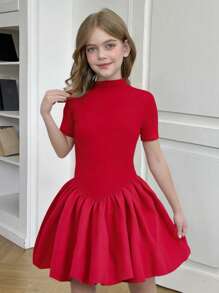 SHEIN Tween Girls Fitted Casual Short Sleeve Stand Collar Ruffle Hem Anti-Flashing Skater Dress - Red - View 1