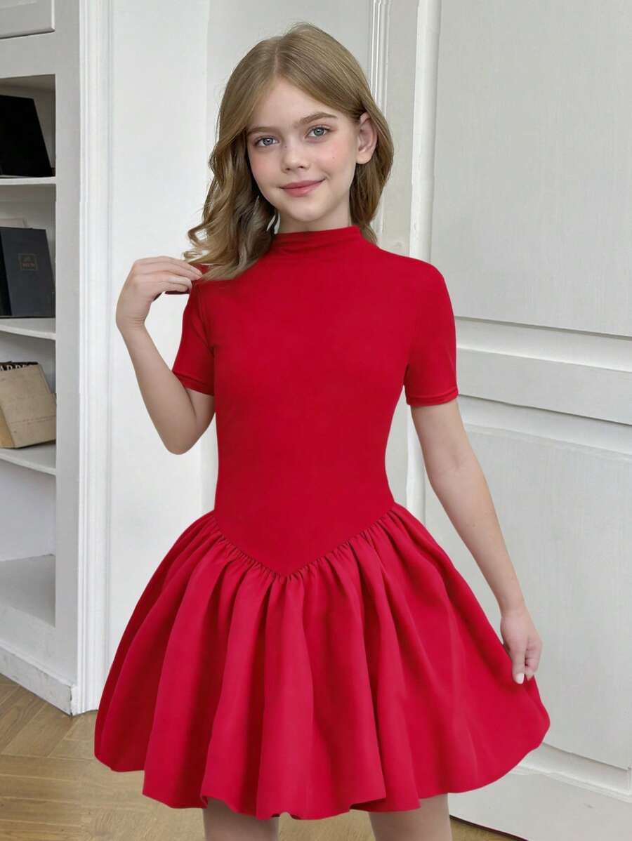 SHEIN Tween Girls Fitted Casual Short Sleeve Stand Collar Ruffle Hem Anti-Flashing Skater Dress - Red - View 1