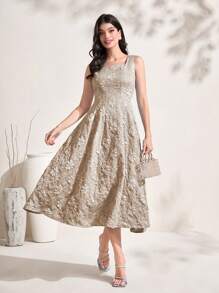 Modelyn Floral Zip Back Square Neck Dress Maxi Women Outfit - Khaki - View 3