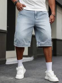 Manfinity Homme Plus Size Men's Casual Washed Denim Shorts - Light Wash - View 1