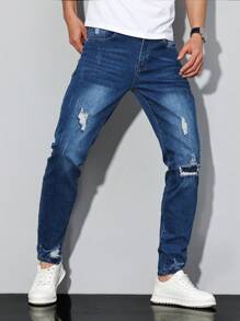 Manfinity Homme 大码男式破口袋休闲破洞牛仔裤 - 中等水洗藍 - 查看 4