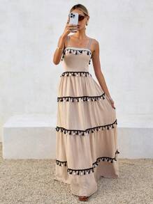 SHEIN VCAY 女士度假拼布流苏肩带超长连衣裙