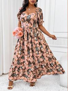 SHEIN Clasi Plus Size Vintage French Floral Rose Print Waisted A-Line Maxi Dress With Puff Sleeves & Ruffle Hem, Summer Easter Wear - Multicolor - View 7
