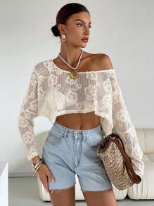 SHEIN Essnce 女士纯色长袖休闲镂空透明衬衫 - 白色 - 查看 4