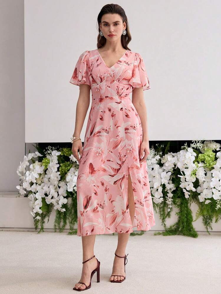 SILK FLORAL PRINT SHORT SLEEVE SLIT MIDI DRESS