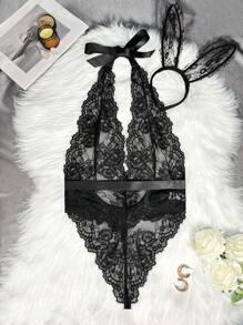 2 件套女士蕾丝内衣服装（连体裤和头饰） - 黑色 - 查看 1