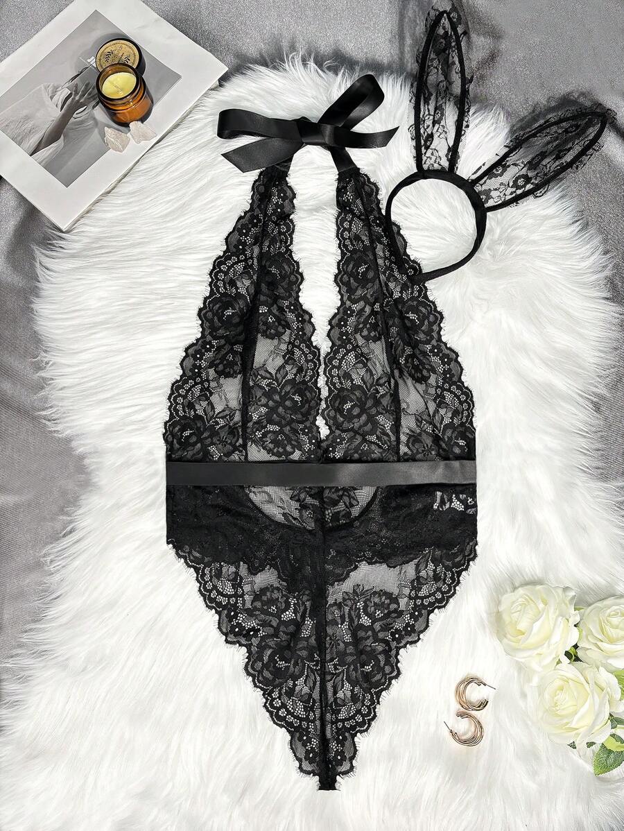 2 件套女士蕾丝内衣服装（连体裤和头饰） - 黑色 - 查看 1