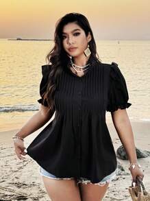 SHEIN Clasi Áo cánh xếp ly cổ đứng thanh lịch cỡ lớn tay bèo nhún - màu đen - Xem 4