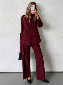 SHEIN BIZwear Solid Color Elegant OL Office Workwear Side Tie Design Flare Pants Suit  - Red - View 4