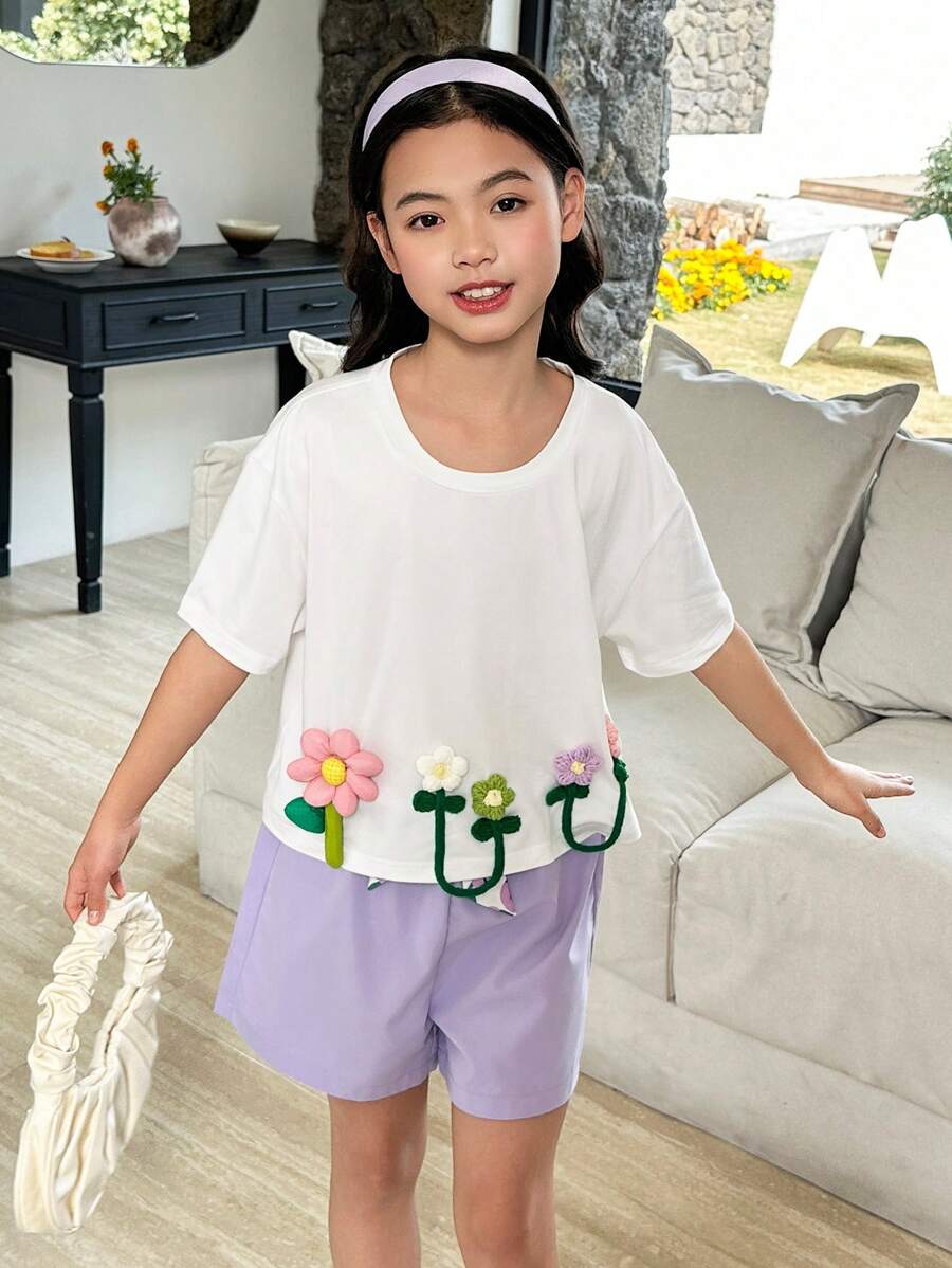 2 件套 青少年女孩舒适休闲度假可爱 3D 花朵装饰服装