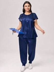TaskEZ Plus Size Women's Leopard Jacquard Casual Loose Fit Short Sleeve Top And High Waist Drawstring Pants Nurse Scrub Uniform Set - Navy Blue - View 6
