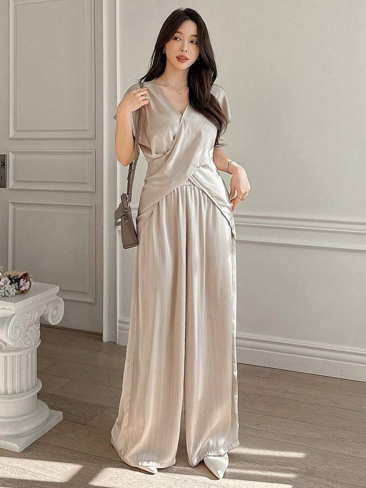 Women's Pullover Short Sleeve Blouse And Pants Set, Casual And Versatile, Women Two Pieces Sets