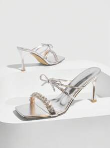 CUCCOO SZL Women Silver Bow Crystal Chain Square Toe Thin Heel High Heels Sandals, Sexy Elegant Party Shoes For Clubbing, Music Festival - Silver - View 9