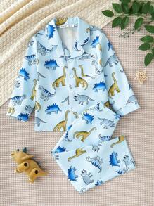 2pcs/Set Toddler Boys Cute Dinosaur Print Long Sleeve Top And Long Pants Home Outfit - Blue - View 7