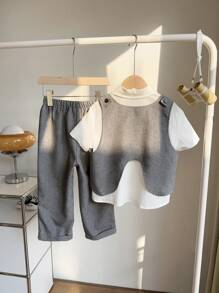SHEIN 3 件装年轻男童不对称韩版背心、宽松阔腿裤、衬衫和梭织面料翻领三件套 - 灰色 - 查看 3