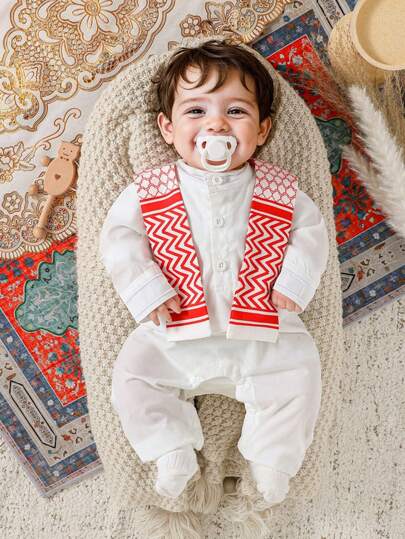 SHEIN 男宝宝简约优雅立领长袖纯色连体衣配几何印花手帕套装