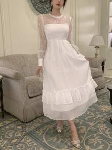 DAZY Damska sukienka na co dzień z długim rękawem, falbanką, z koronkowym kołnierzykiem i stójką, jesienna - Biały - Zobacz 8