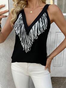 Chiquease 1st Dames Sling Top met kwastjes en ongelijke zoom, vakantie retro print