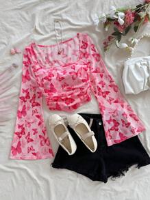 Soleia Blouse pour femmes, vacances, romantique, Saint-Valentin, col carré rose, plissée, manches évasées, teinture, impression papillon, filet