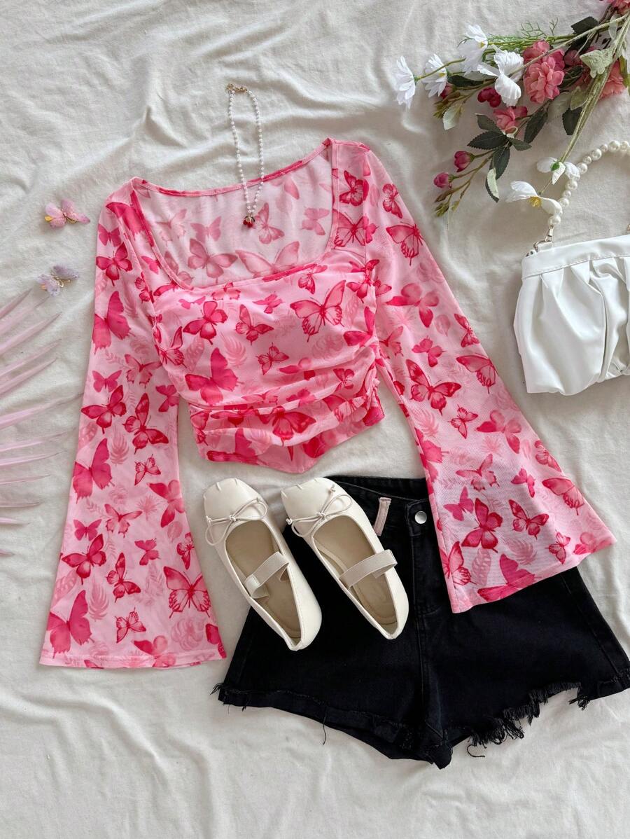 Soleia Blouse pour femmes, vacances, romantique, Saint-Valentin, col carré rose, plissée, manches évasées, teinture, impression papillon, filet