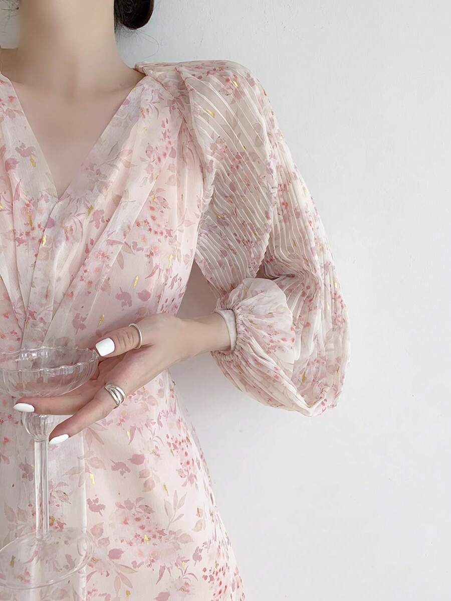 DAZY Women All Over Floral Print Waist Cinched Long Dress,Fall Dress Long Sleeve Dress - Pink - View 1