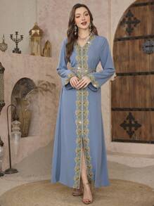 Al Najma Elegant Women's Floral Print Long Sleeve Arabic Style Maxi Dress Kaftan Jalabiya Dress - Mauve Purple - View 6