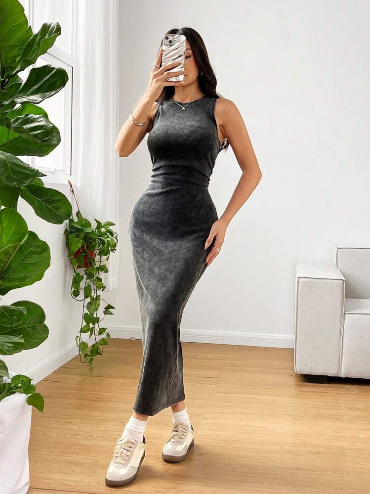 SHEIN EZwear Vestido ajustado de cuello redondo sin mangas con estilo desgastado y lavado con ácido - Negro - Añade 3