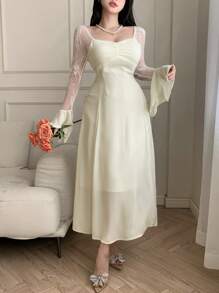 DAZY Spring Elegant Lace Patchwork Pleated Ruffle Sleeve Mid-Length Dress For Women Prom Dress,Fall Dress Long Sleeve Dress - Beige - View 9