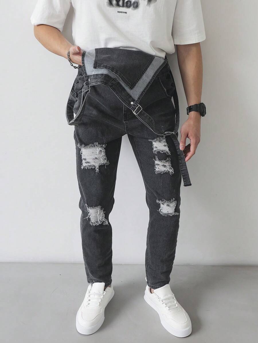 Manfinity Homme Men's Wide Strap Distressed Simple Design Casual Jeans, Everyday Wear - Grey - View 1