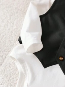 SHEIN 3件套新生儿男/女宝宝可爱秋季绅士套装，包括背心、纯色长袖衬衫、连体衣和裤子，适合生日派对、庆典、婚礼、洗礼、庆祝活动等场合。 - 黑色 - 查看 5