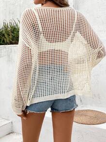 Breezaya Women Solid Color Minimalist Hollow-Out Design Long Sleeve Knit Sweater Knit Pullover Fall Winter Sweater - Apricot - View 2