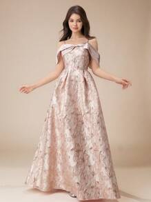 Teen Girls High-End Off Shoulder Spaghetti Strap Jacquard Patchwork Glossy Bow A-Line Long Dress, Flower Girl Ball Gown Pageant Formal Party - Pink - View 3