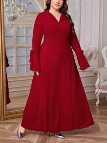 SHEIN Privé Damen Große Größen elegante Modest Kleider Tunika fließend V-Ausschnitt Rüschenärmel Schleife locker Kleid, Frühling/Herbst