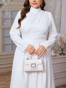 SHEIN Privé 大码女式优雅日常简约精致浪漫迷人通勤鸡尾酒会约会荷叶边泡泡袖收腰喇叭下摆长连衣裙，白色，春/秋 - 白色 - 查看 5